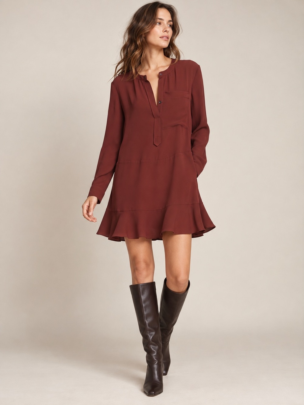 A.L.C. Montana Silk Mini Dress Burgundy Ruffle Hem Size 8 Fall Boho